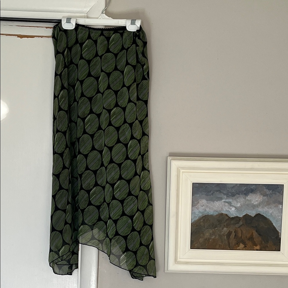 Handkerchief Hem Skirt Green/Black Modern Circle Pattern 12 - Picture 2 of 4